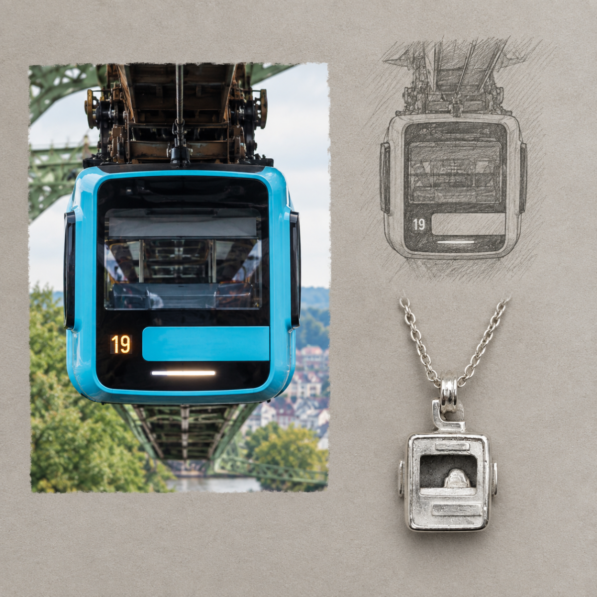 Preview: Schwebebahn Collage aus Foto, Bleistiftskizze und Schmuckstück der Schwebebahn.
